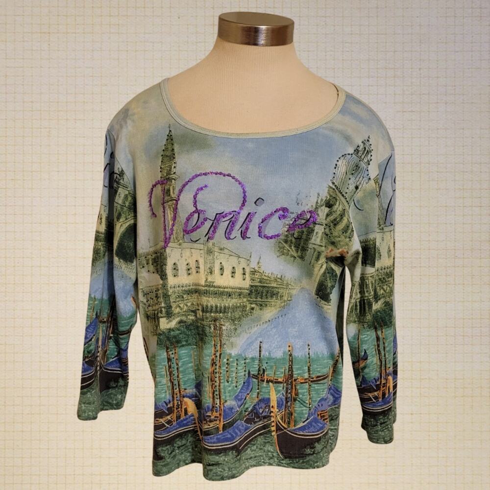 90s Artsy Beaded Venice Graphic Cotton 3/4 Sleeve Top Petite XL Take Two Brand